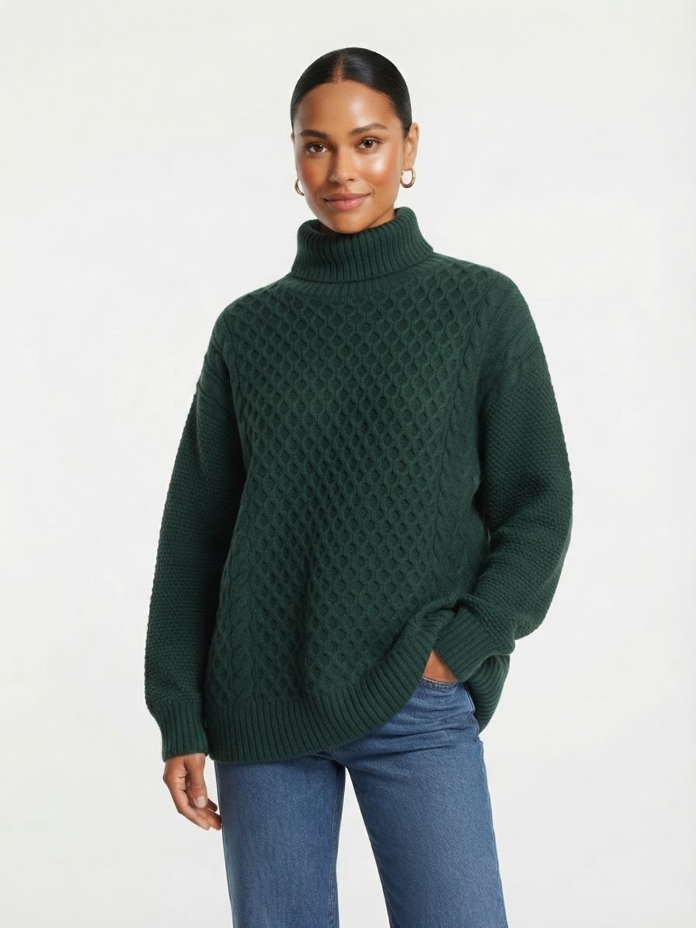 Ann Taylor Green Turtleneck Cable Knit Sweater Chunky Pullover Size Medium